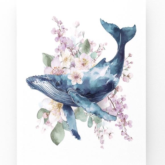 Watercolor Floral Humpback Whale Portrait Wall Art Illustration Print Unframed - Picture 6 of 6